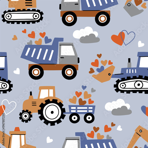 Seamless vector pattern with cute Valentine's Day construction trucks. Hand drawn design with tiny cars and hearts. Perfect for textile, wallpaper or nursery print design.