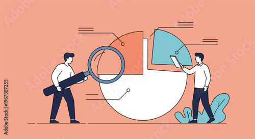 Business analysts examining a large colorful pie chart with a magnifying glass for data research and statistics.