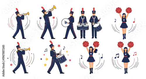 Marching band members and cheerleaders performing together in uniform with musical instruments and pom poms.