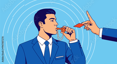 a man in a blue suit being controlled.