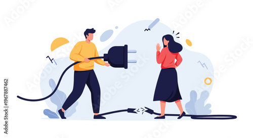 Conceptual illustration of a couple experiencing a connection issue shown by a large broken power plug.