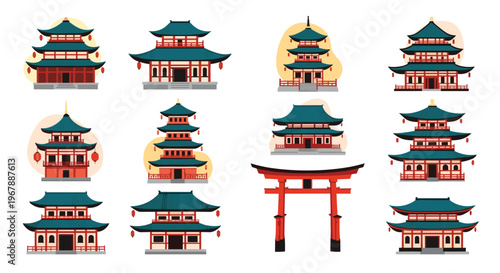 Collection of various traditional japanese pagodas and a red torii gate displayed on a white background.