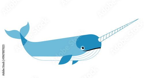 Cute Narwhal Whale with Long Tusk, Arctic Marine Mammal, Flat Design