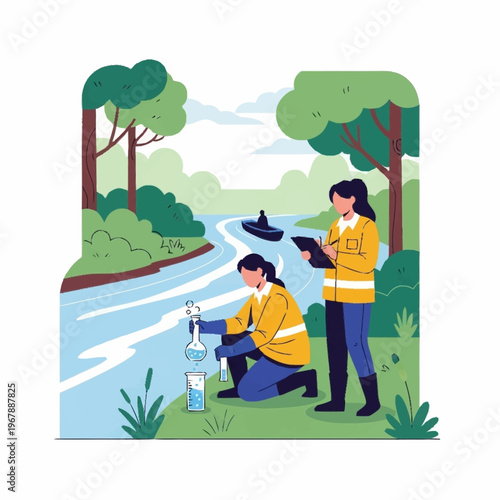 Scientists collecting water samples for environmental analysis near a river.