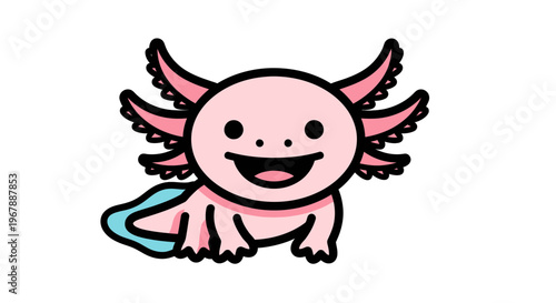 Cute Pink Axolotl Cartoon Character, Happy Smiling Amphibian