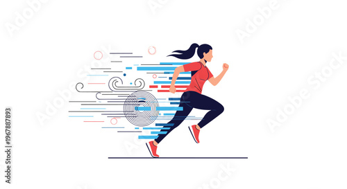 Athletic woman running fast with motion blur effects and abstract shapes symbolizing speed and endurance.