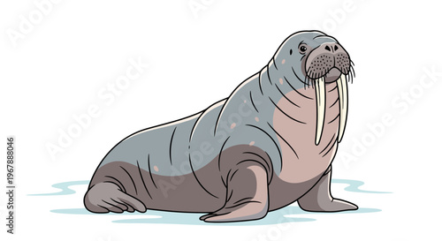 Cute Walrus Cartoon Character with Tusks on Ice
