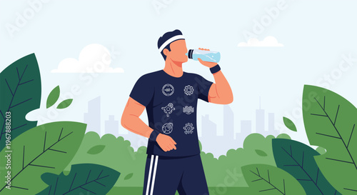 Man in sportswear drinking water from a plastic bottle after exercising in a park with a city background.