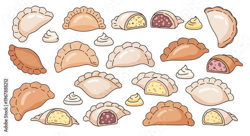 Delicious Dumplings Assortment: Sweet and Savory Filled Pastries Illustration