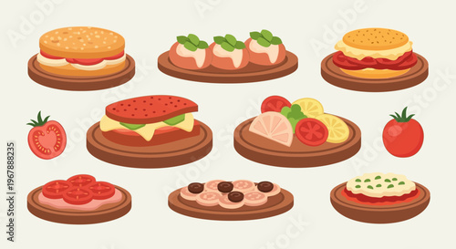 Delicious Food Variety Vector Illustration - Burgers, Sandwiches, Pizza & Appetizers