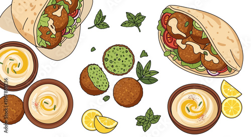 Delicious Falafel Wraps and Hummus with Lemon and Mint - Flat Lay