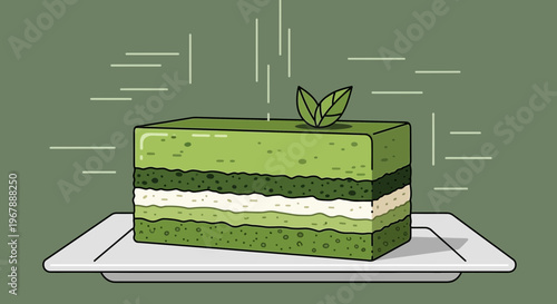 Delicious Matcha Layer Cake with Mint Leaves on White Plate, Green Background