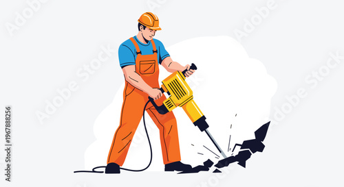 Construction worker using a heavy duty jackhammer to break concrete on a white background illustration.