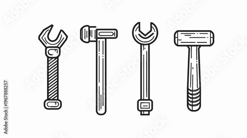 Two wrenches and two hammers, outlined in black, set on a blank, white backdrop