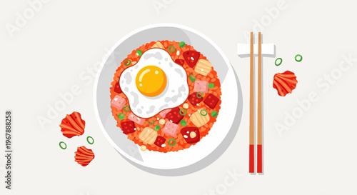 Delicious Kimchi Fried Rice with Fried Egg and Chopsticks - Korean Food Illustration