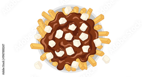 Delicious Poutine Fries with Gravy and Cheese Curds, Top View