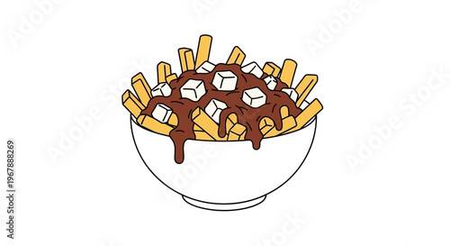 Delicious Poutine Cartoon Illustration: Fries, Cheese Curds, Gravy in Bowl