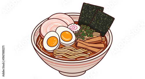 Delicious Ramen Bowl Illustration with Noodles, Egg, Pork, and Seaweed
