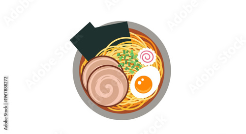 Delicious Ramen Bowl Top View Flat Illustration