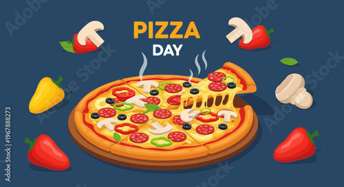 Delicious Pizza Day Celebration with Fresh Ingredients and Hot Melting Cheese