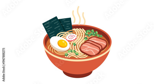 Delicious Ramen Bowl with Noodles, Egg, Meat and Seaweed - Illustration