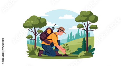 Nature conservationist planting a small tree sapling in a forest to promote environmental sustainability.