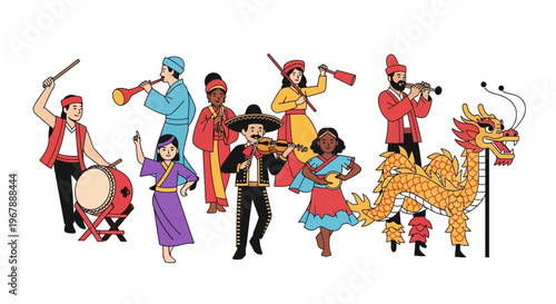 Diverse Cultures Celebrating with Music and Dragon Dance