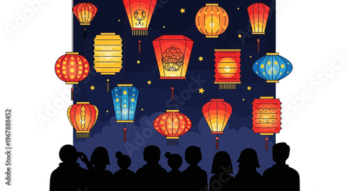 Diverse Asian lanterns illuminated against night sky with spectators
