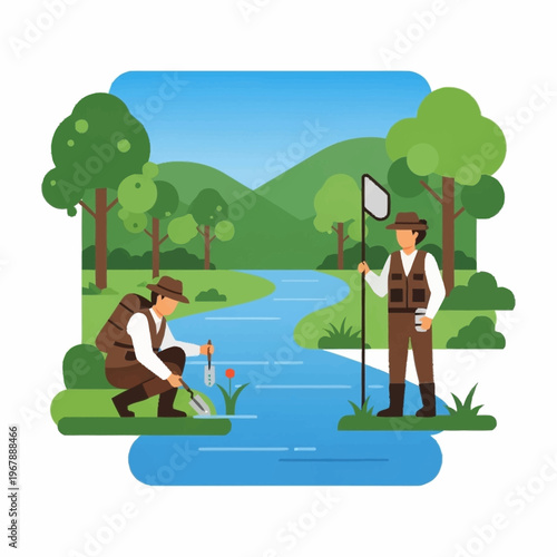 Researchers Collecting Samples by River for Environmental Study.