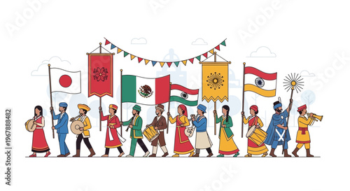 Diverse People Marching With National Flags and Banners