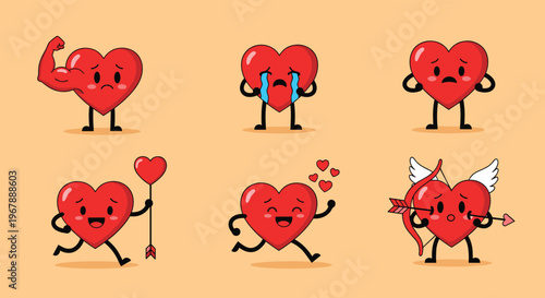 Set of cute heart characters expressing various human emotions like sadness, love, happiness, and strength.