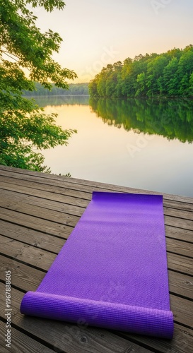 A purple yoga mat sits on a rustic wooden deck surrounded by lush green trees and a calm lake at dawn, reflecting tranquility and peace, light, environment, wood