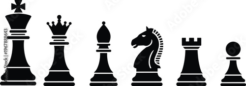 Black silhouette of professional chess pieces set featuring king queen bishop knight rook and pawn isolated on white background for strategic game competition design.