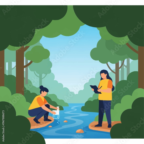 Scientists Collecting Water Samples in Forest Stream for Analysis.