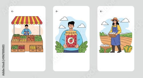 Mobile app screens showing local farmers selling fresh vegetables, jam, and eggs in various settings.
