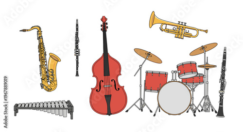 Collection of various musical instruments including a saxophone, trumpet, drums, and a double bass.