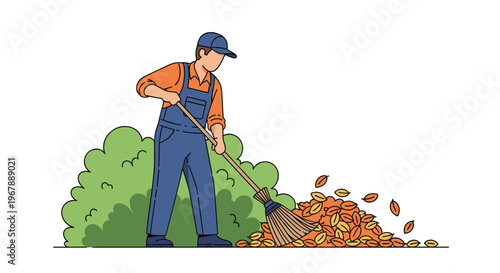 Gardener using a broom to sweep a pile of fallen orange autumn leaves next to a green garden hedge area.
