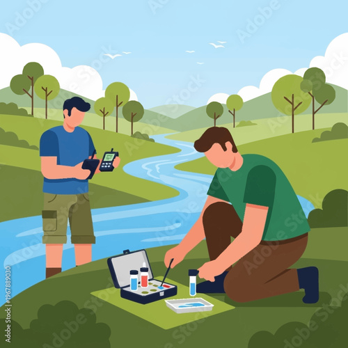 Scientists Conducting Water Quality Tests Near a River.