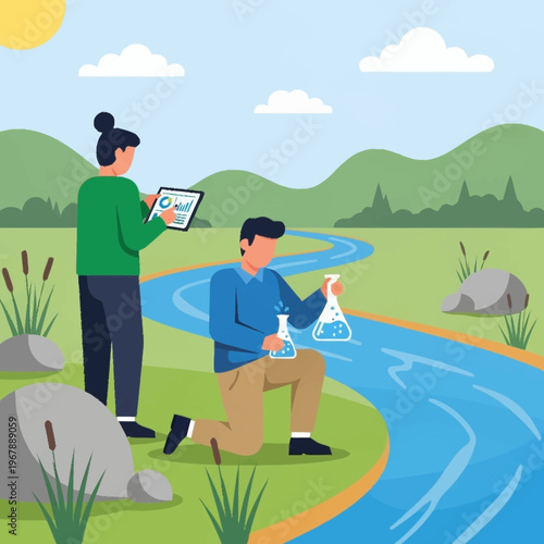 Scientists Analyzing Water Quality Near River with Digital Tablet and Flasks.