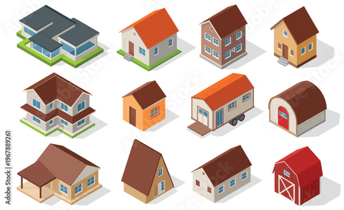 Isometric tiny house vector set, cabins and small homes in various designs and perspectives, ideal for games, maps, infographics, and architectural visualization.