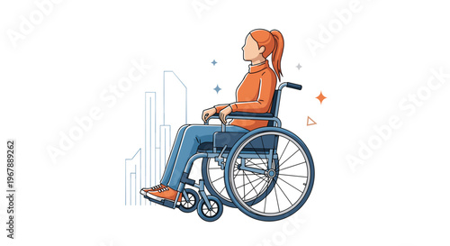 Disabled young woman sitting in a modern wheelchair while looking away with a thoughtful expression on her face.