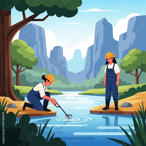 Two People Collecting Water Samples in a Scenic Landscape.