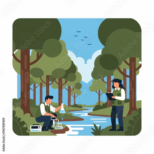 Environmental Scientists Conducting Water Quality Testing in a Forest Stream.