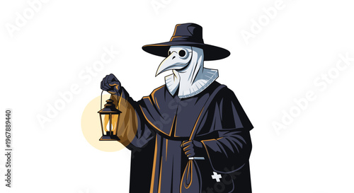 Historical plague doctor figure wearing a mask and a dark cloak while holding a glowing lantern in the darkness.