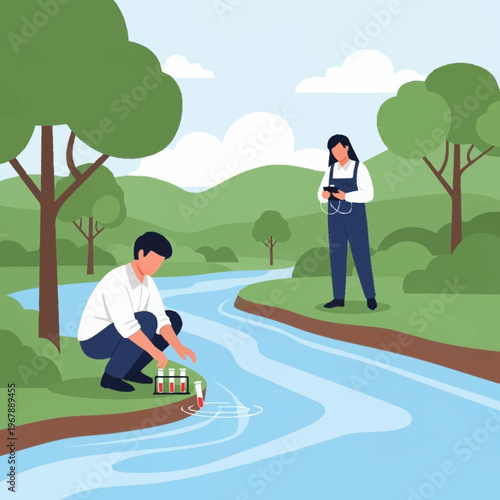 Scientists Collecting Water Samples for Environmental Analysis in Nature.