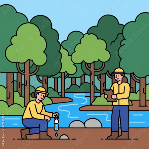 Scientists Collecting Water Samples in Forest Stream.