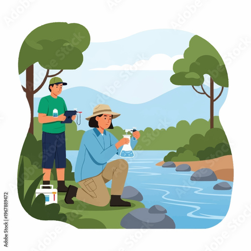Scientists Analyzing River Water Quality and Environmental Health.