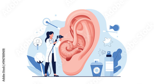 Female doctor using medical tools to examine a giant human ear model representing otolaryngology and hearing health.