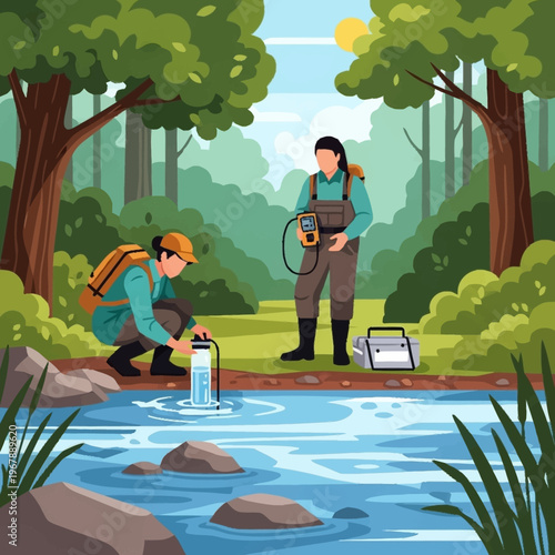Scientists Collecting Water Samples in Forest Stream for Analysis.