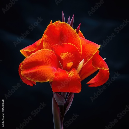 A vibrant red and orange canna lily flower stands out against a deep black background, highlighting delicate petals and floral texture, shadow, beauty, red